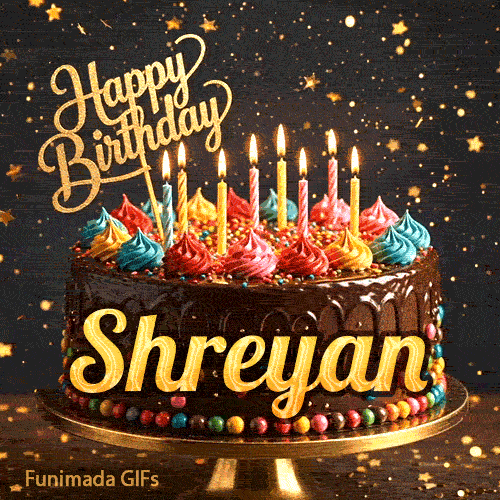 Shimmering gold star particles and bokeh lights surrounding a chocolate birthday cake custom-made for Shreyan.