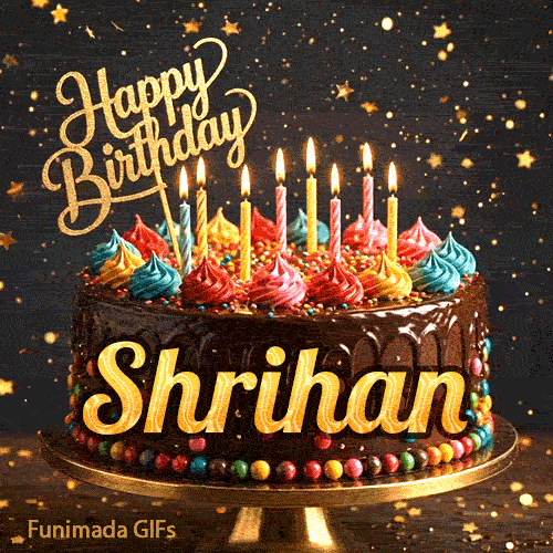 Close-up of a decorative chocolate cake with a gold Happy Birthday topper and warm glowing candle flames, made for Shrihan.