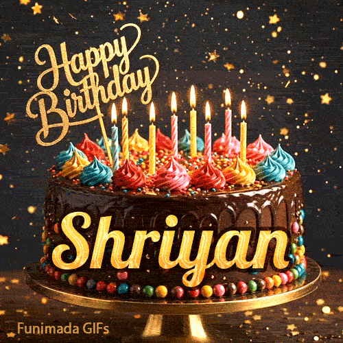 A customized birthday ecard for Shriyan displaying a rich chocolate cake with a sparkly dark background.