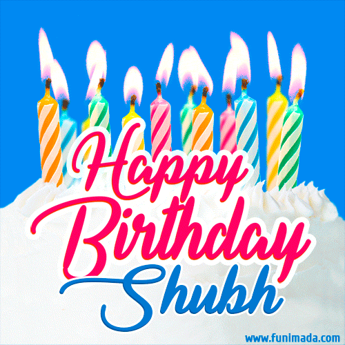 A cheerful animated GIF featuring colorful lit birthday candles on a white cake, with the text 'Happy Birthday Shubh' in bold red and blue script on a bright blue background.