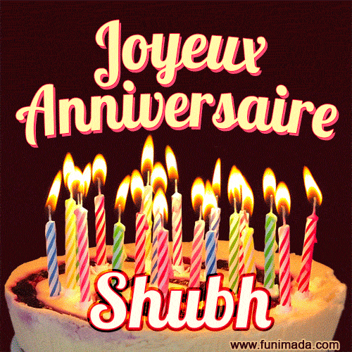 A Happy Birthday GIF in French featuring a festive birthday cake adorned with bright candles and the glowing text 'Joyeux Anniversaire Shubh' in a cheerful style.