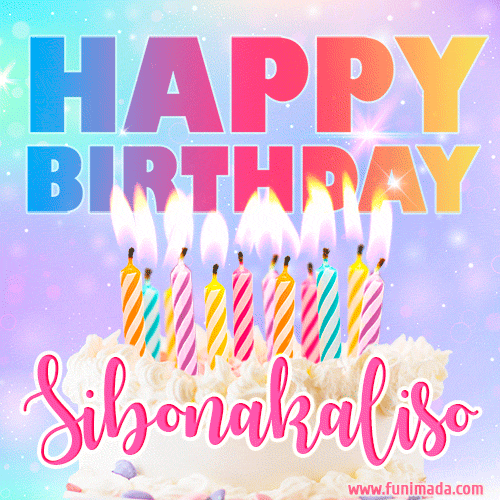 Animated Happy Birthday Cake with Name Sibonakaliso and Burning Candles