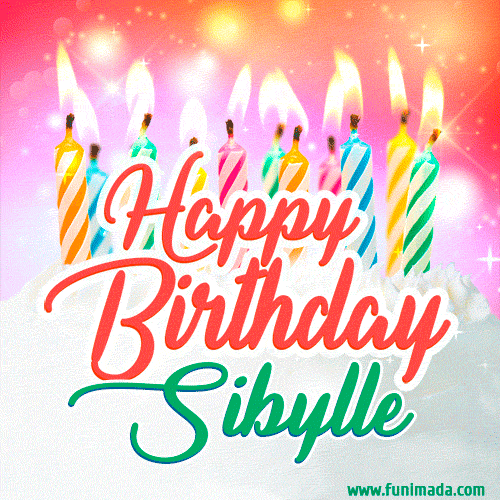 Happy Birthday GIF for Sibylle with Birthday Cake and Lit Candles