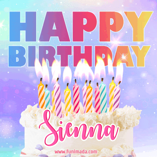 Animated Happy Birthday Cake with Name Sienna and Burning Candles