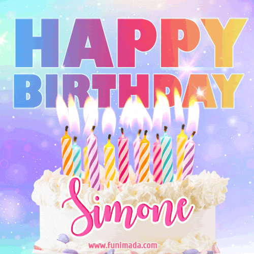 Animated Happy Birthday Cake with Name Simone and Burning Candles