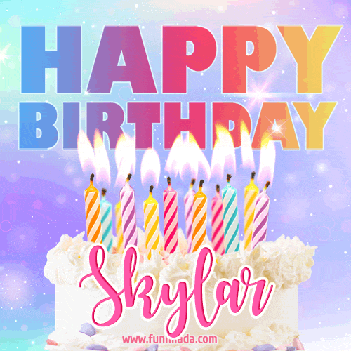 Animated Happy Birthday Cake with Name Skylar and Burning Candles
