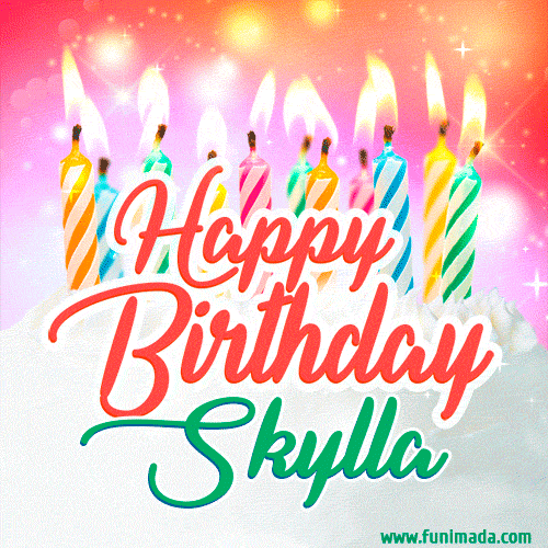 Happy Birthday GIF for Skylla with Birthday Cake and Lit Candles