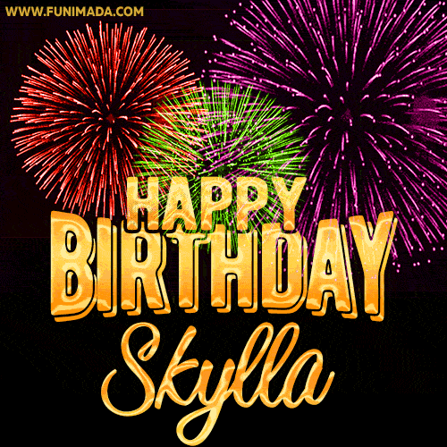 Wishing You A Happy Birthday, Skylla! Best fireworks GIF animated greeting card.