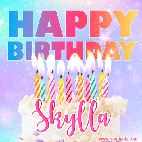 Animated Happy Birthday Cake with Name Skylla and Burning Candles