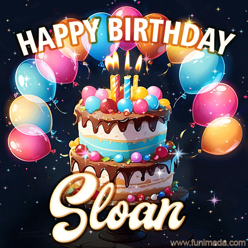 Hand-drawn happy birthday cake adorned with an arch of colorful balloons - name GIF for Sloan