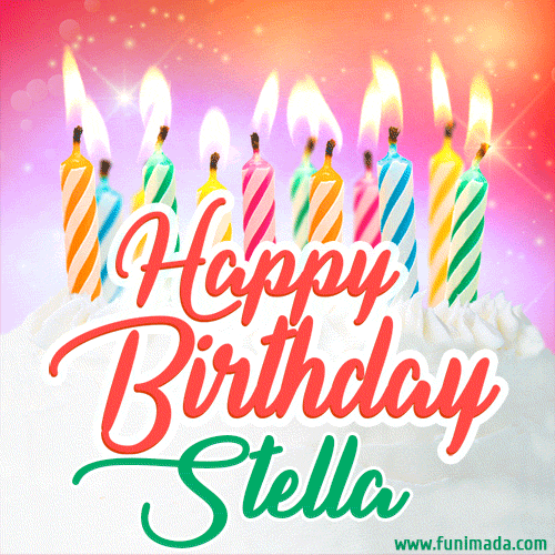 Happy Birthday GIF for Stella with Birthday Cake and Lit Candles