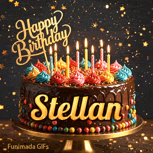 Close-up of multicolored whipped cream peaks on a chocolate cake with lit candles and a golden script topper for Stellan