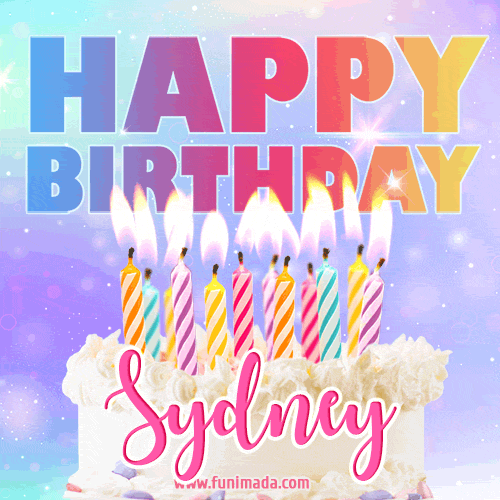 Animated Happy Birthday Cake with Name Sydney and Burning Candles