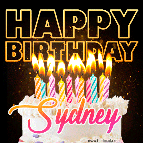 Sydney - Animated Happy Birthday Cake GIF Image for WhatsApp
