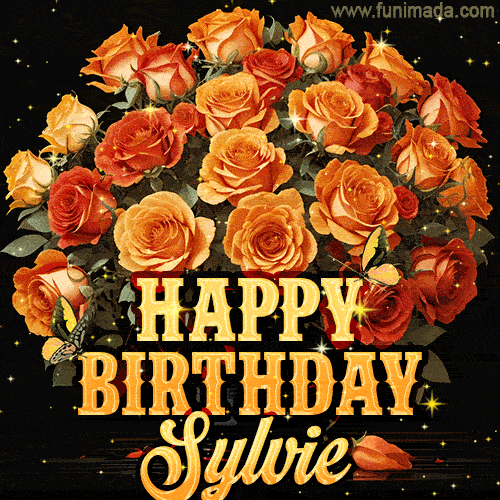 Beautiful bouquet of orange and red roses for Sylvie, golden inscription and twinkling stars