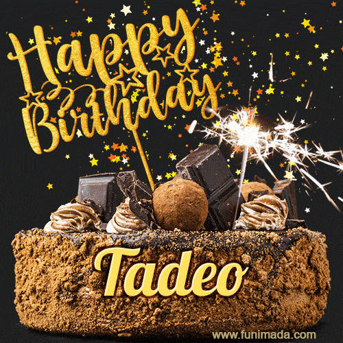 Celebrate Tadeo's birthday with a GIF featuring chocolate cake, a lit sparkler, and golden stars