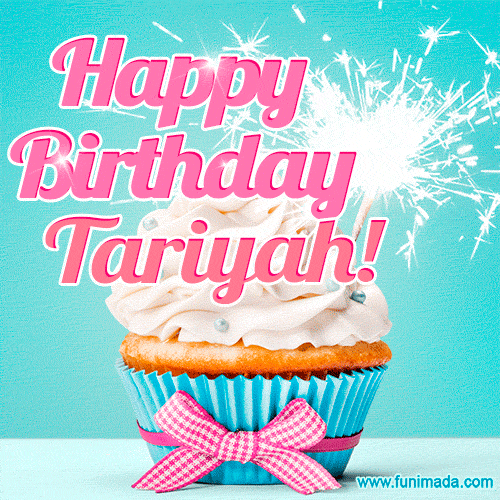 Happy Birthday Tariyah! Elegang Sparkling Cupcake GIF Image.