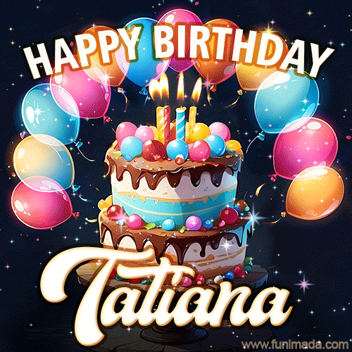 Hand-drawn happy birthday cake adorned with an arch of colorful balloons - name GIF for Tatiana