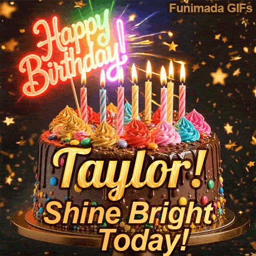 Close-up of a decorative chocolate cake with a glowing neon Happy Birthday sign and warm candle flames, made for Taylor.