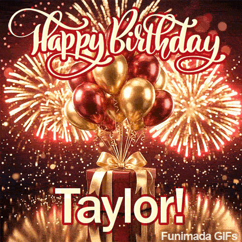 Close-up of a decorative gift box with a golden bow and warm glowing firework flames, made for Taylor.