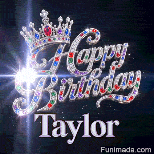 Shimmering animated card with a detailed silver crown and sparkling diamond-encrusted letters for Taylor's celebration.