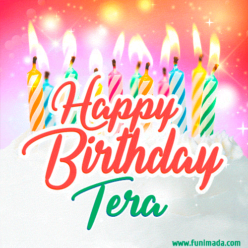 Happy Birthday GIF for Tera with Birthday Cake and Lit Candles