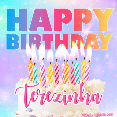 Animated Happy Birthday Cake with Name Terezinha and Burning Candles