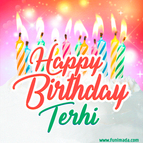 Happy Birthday GIF for Terhi with Birthday Cake and Lit Candles