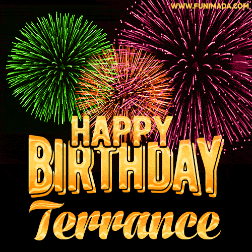 Wishing You A Happy Birthday, Terrance! Best fireworks GIF animated greeting card.