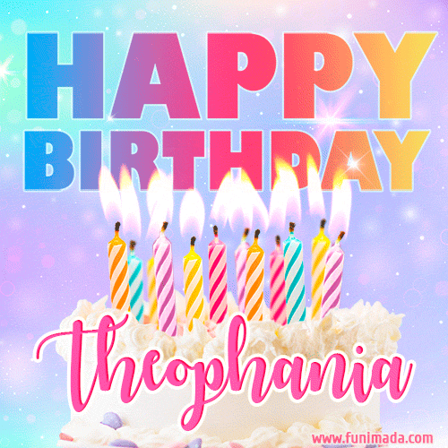 Animated Happy Birthday Cake with Name Theophania and Burning Candles