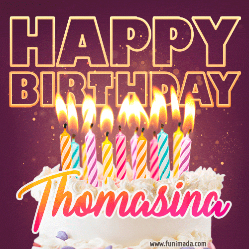 Thomasina - Animated Happy Birthday Cake GIF Image for WhatsApp