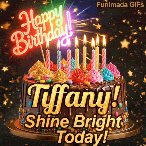 An animated birthday card featuring a detailed chocolate cake under falling gold dust, personalized for Tiffany.