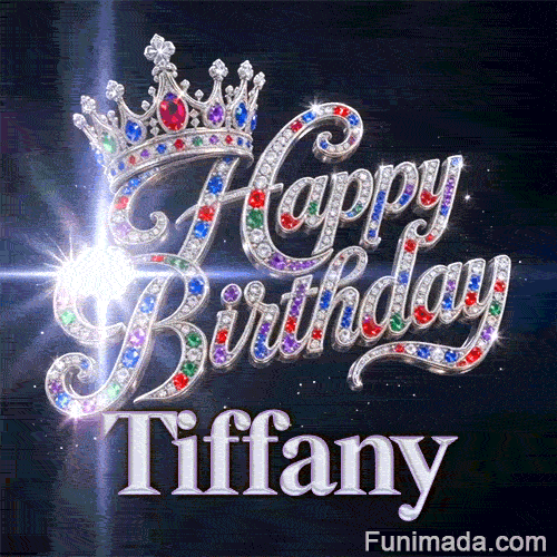 Happy Birthday Tiffany animated image showcasing a royal silver crown and glittering particle beams on a space backdrop.