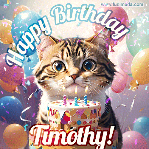 Happy birthday gif for Timothy with cat and cake