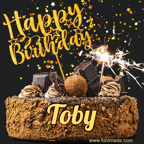 Celebrate Toby's birthday with a GIF featuring chocolate cake, a lit sparkler, and golden stars