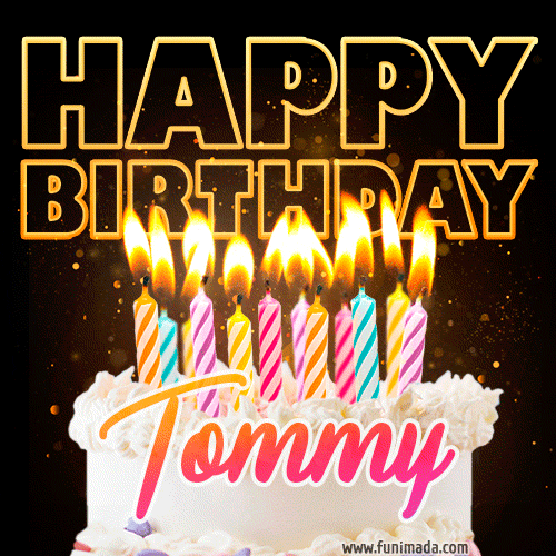 Tommy - Animated Happy Birthday Cake GIF for WhatsApp