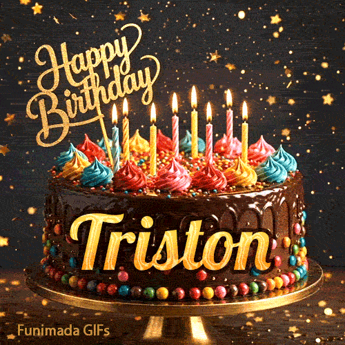 Elegant birthday GIF with the name Triston on a chocolate cake surrounded by flickering candlelight and golden stars.