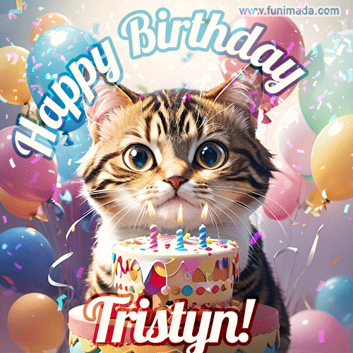 Happy birthday gif for Tristyn with cat and cake