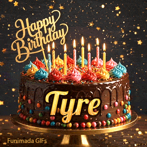 Shimmering animated card featuring a detailed chocolate cake and the name Tyre for his birthday celebration.