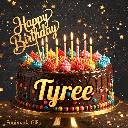 Multi-colored dollops of frosting and burning birthday candles on a chocolate glaze cake, custom-designed for Tyree.