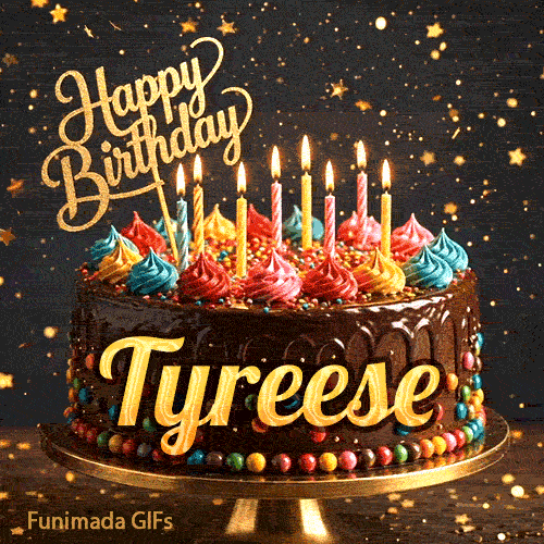 Custom birthday ecard for Tyreese showing a gourmet chocolate cake on a dark background with golden star sparkles.
