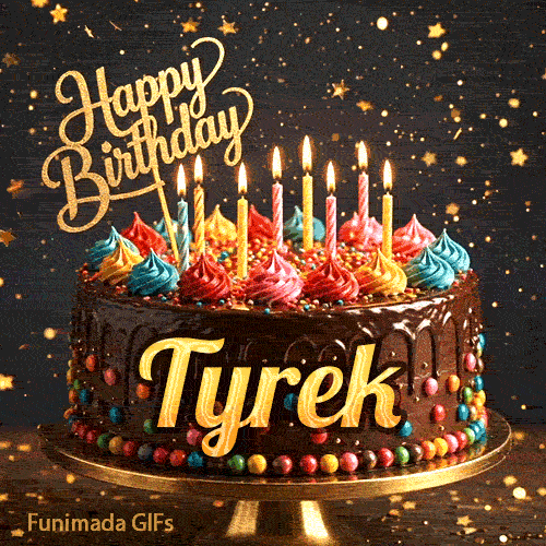 Flickering candles of different colors on top of a chocolate glaze cake with Tyrek's name in elegant writing.