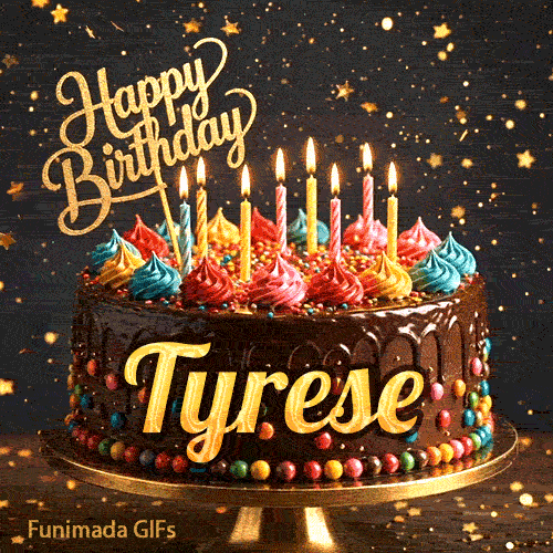Happy Birthday Tyrese animated image showcasing a decorated chocolate cake on a pedestal with glowing candles.