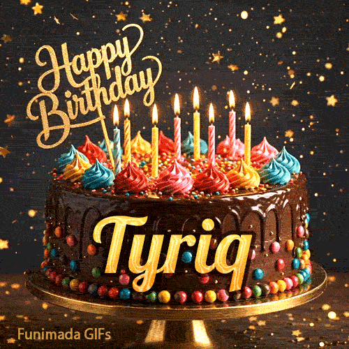Festive chocolate cake GIF with the name Tyriq written on the dark glaze under flickering candles.