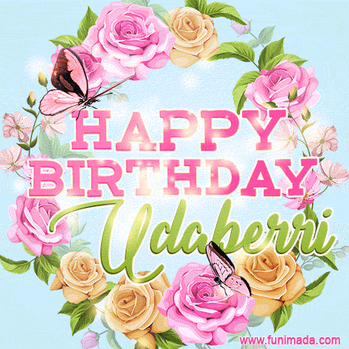 Beautiful Birthday Flowers Card for Udaberri with Glitter Animated Butterflies