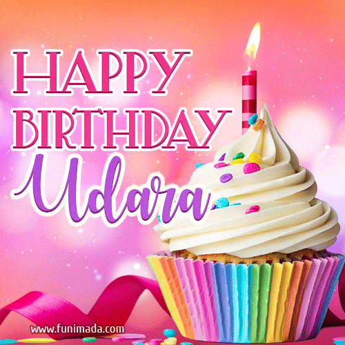 A vibrant birthday GIF featuring a rainbow-colored cupcake topped with white frosting, sprinkles, and a lit candle. The text reads 'Happy Birthday Udara' in bold pink and violet letters with white outline.