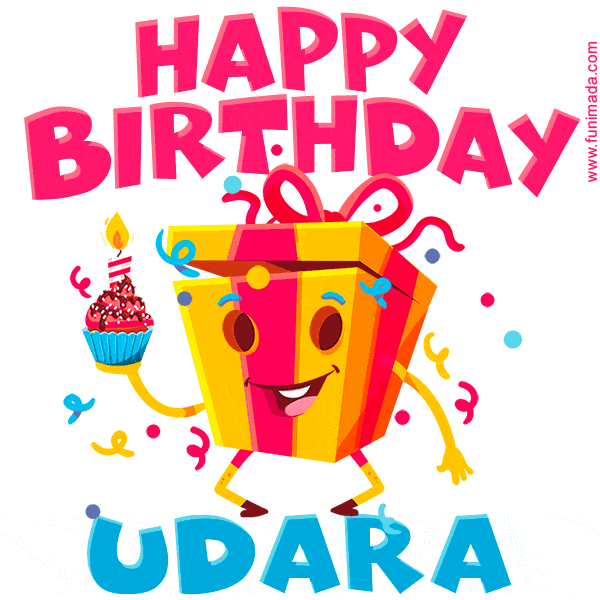 A vibrant and funny gift box character with a happy face dancing with a cupcake and the text 'Happy Birthday Udara,' surrounded by animated confetti and party vibes.