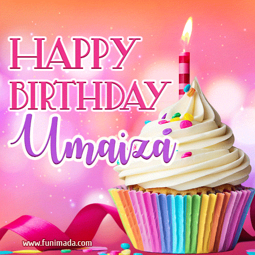 A vibrant birthday GIF featuring a rainbow-colored cupcake topped with white frosting, sprinkles, and a lit candle. The text reads 'Happy Birthday Umaiza' in bold pink and violet letters with white outline.