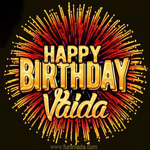 Golden 'Happy Birthday Vaida' text accompanied by animated rainbow fireworks for a festive animated greeting.