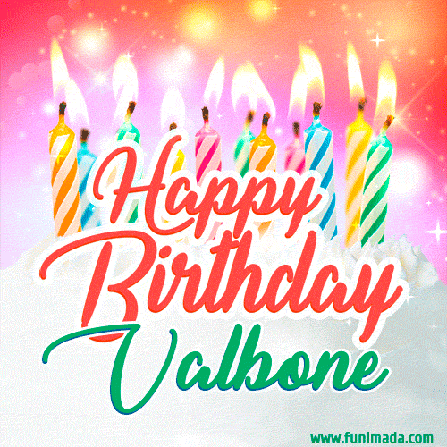 Happy Birthday GIF for Valbone with Birthday Cake and Lit Candles